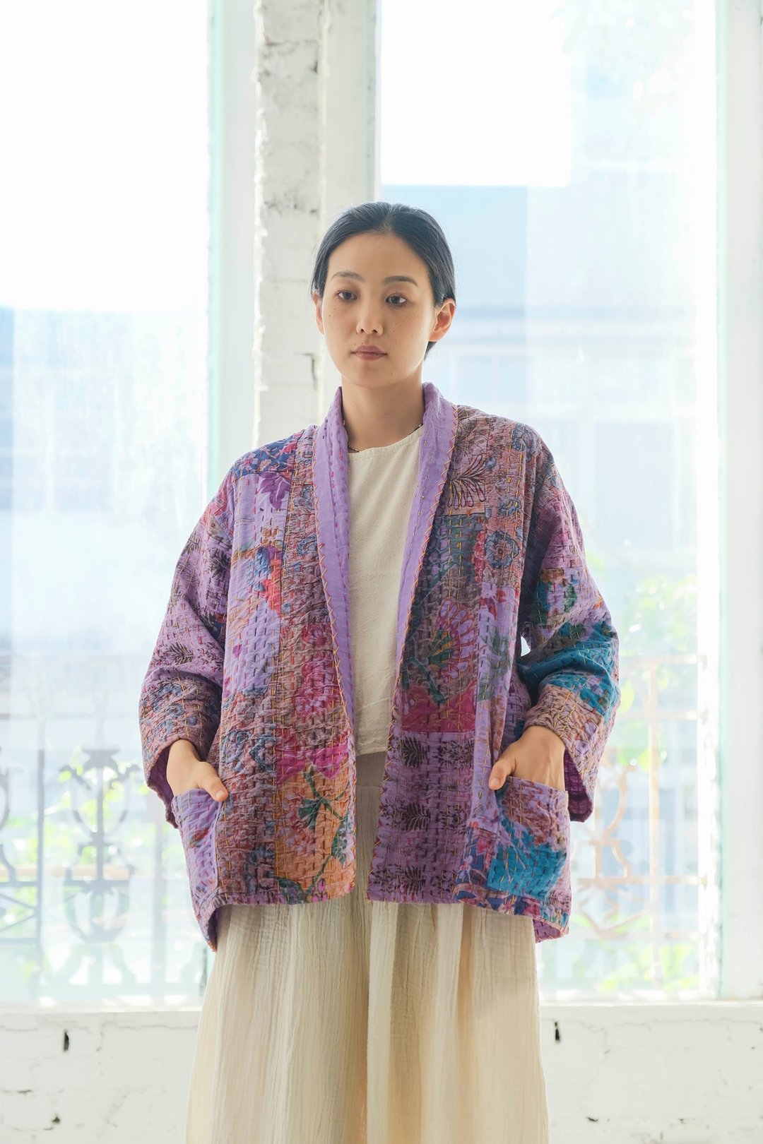 坎塔刺绣两面穿中性和式外套 淡紫 - 女装休闲/机能外套 - 棉 紫色