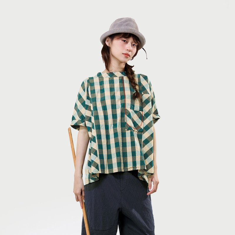 池塘口袋大方格棉麻上衣 - 女装上衣 - 棉 多色