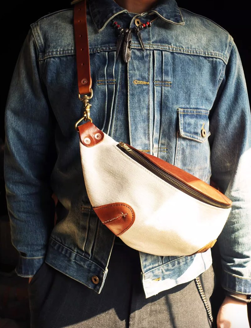 日式复古 真皮大容量帆布斜挎包/单肩包/拉链胸包/骑行饺子包 - 侧背包/斜挎包 - 真皮 多色