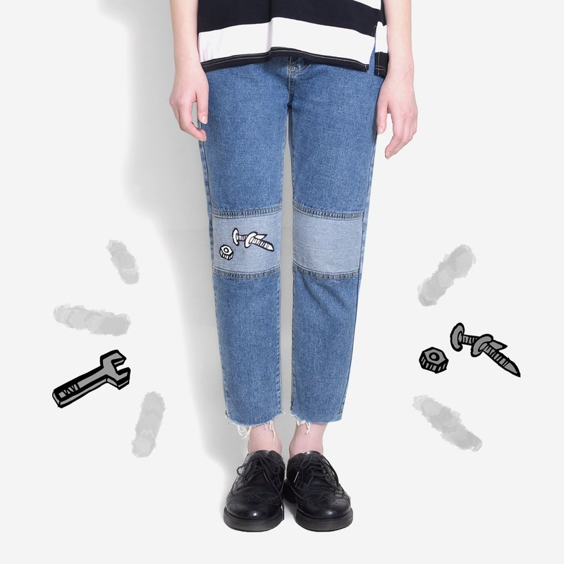 【墨儿推荐】螺丝起子钉－小小工人拼接牛仔裤 - 女装长裤 - 其他材质 蓝色