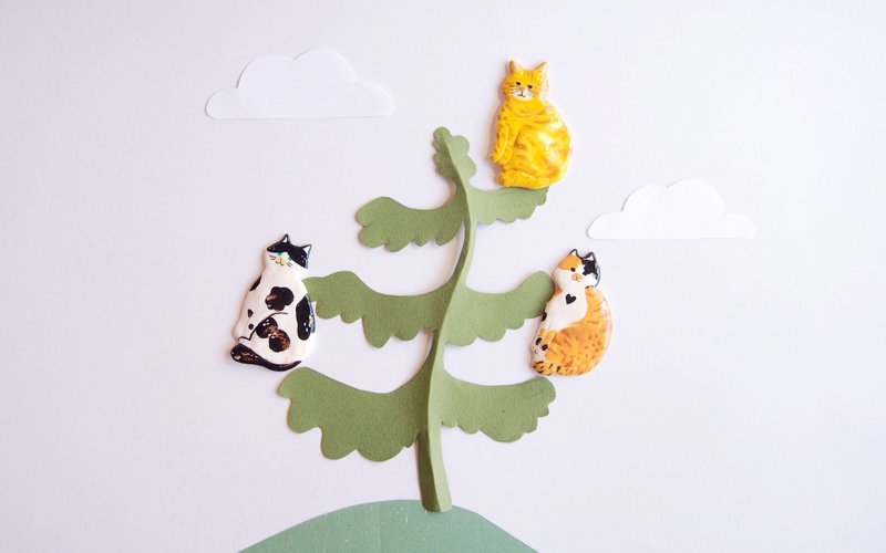 胖猫系列 - 三花 奔驰 橘 猫 别针 - 胸针 - 粘土 黑色