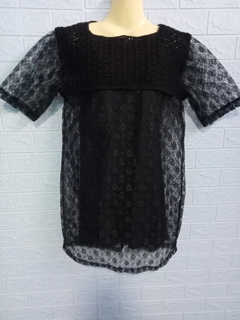Crochet dress with black fabric lace, Dress handmade - 洋装/连衣裙 - 其他材质 黑色