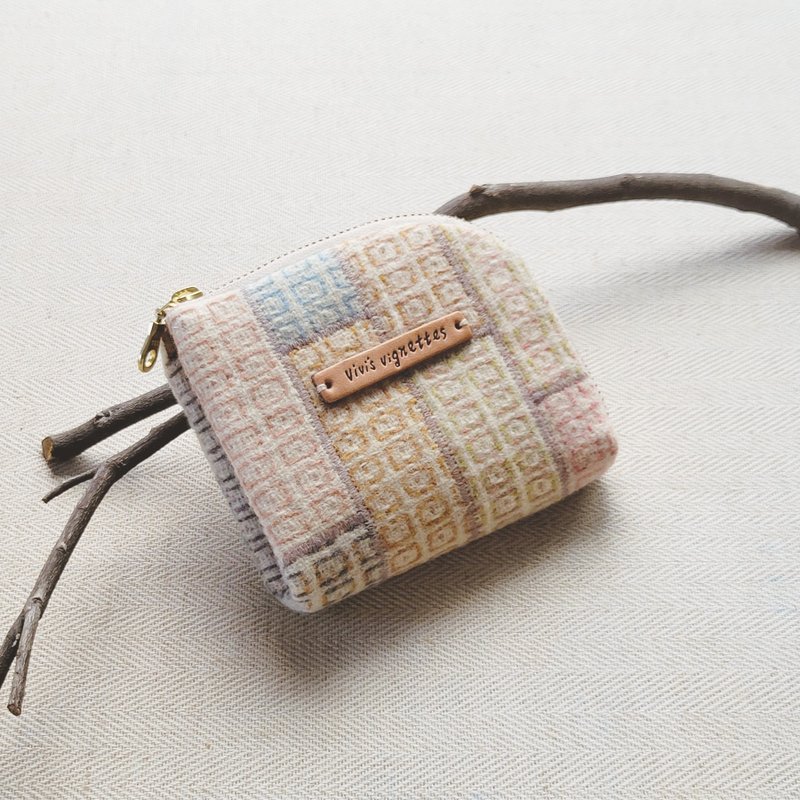 手工L型零钱小短夹-格纹拼接 - 皮夹/钱包 - 羊毛 卡其色