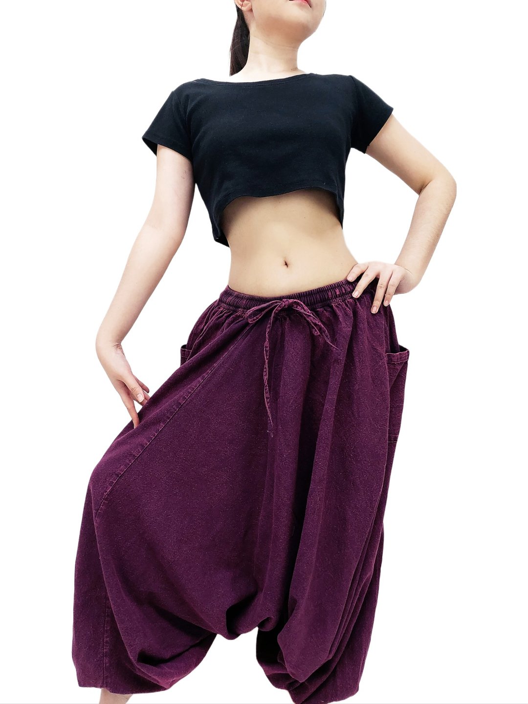 Stonewashed Harem Pants Bleached Cotton Pants Unisex Pants Drop Crotch Trouser - 中性裤装 - 棉 多色