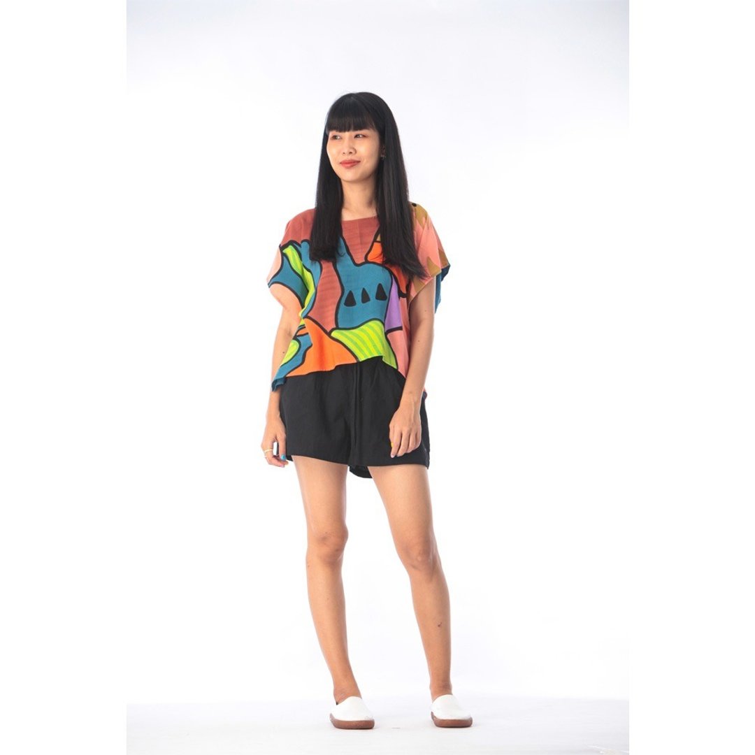 Poncho Blouse Cotton Rayon Hand Painted for Summer resort va - 女装上衣 - 棉 咖啡色