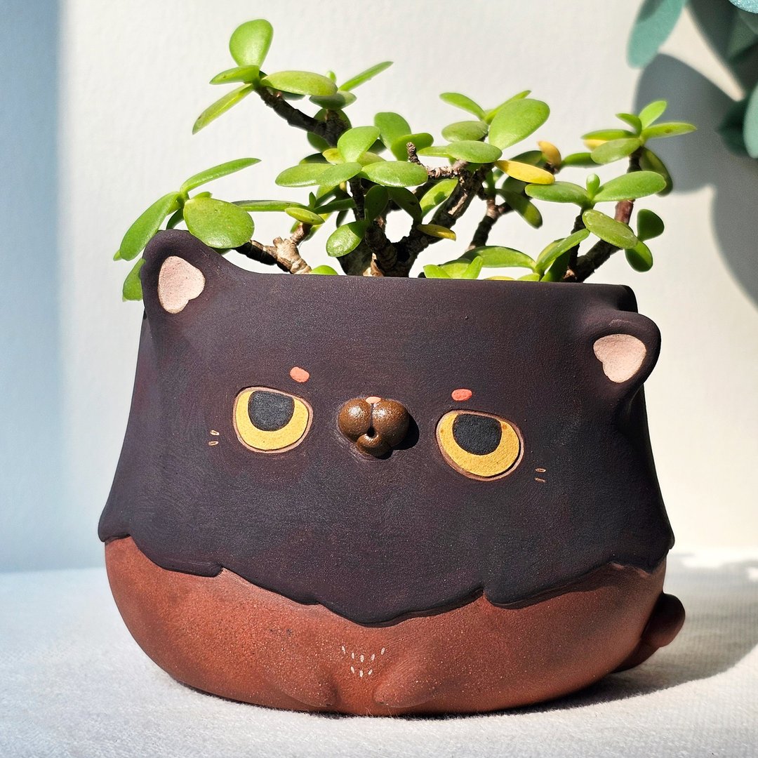 Handmade cat planter, black cat plant pot. - 花瓶/陶器 - 陶 