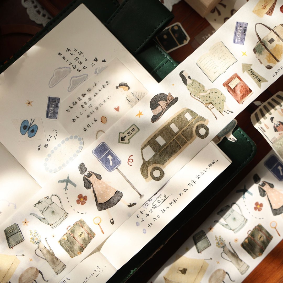 壹洱文創新品切模-【旅行日記】鹽系人物切模和紙膠帶素材貼紙 - 纸胶带 - 其他材质 咖啡色