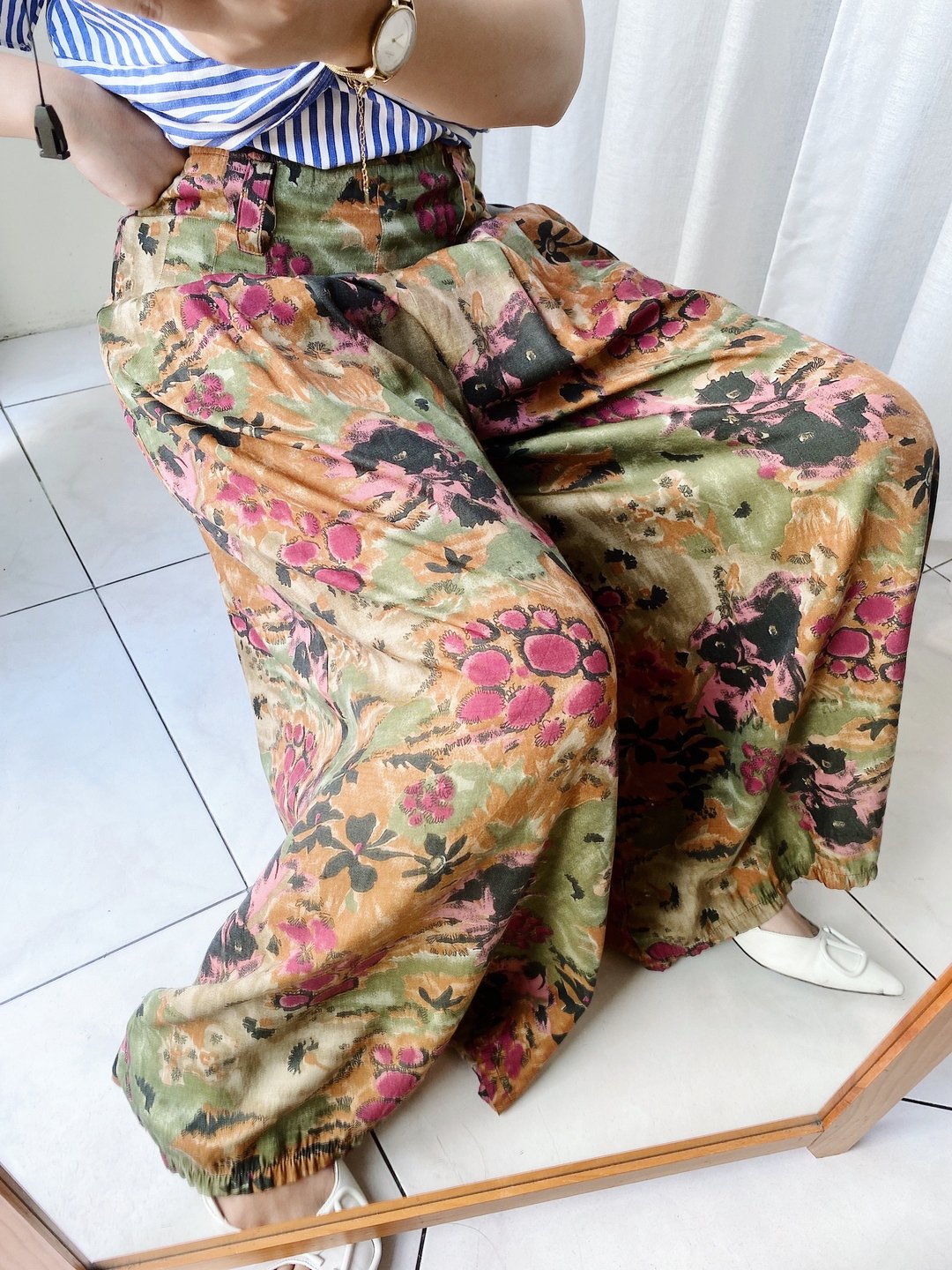 土黄嫩绿打褶宽版大A字裤管 古着薄料棉质长裤宽裤 pants vintage - 女装长裤 - 棉 多色