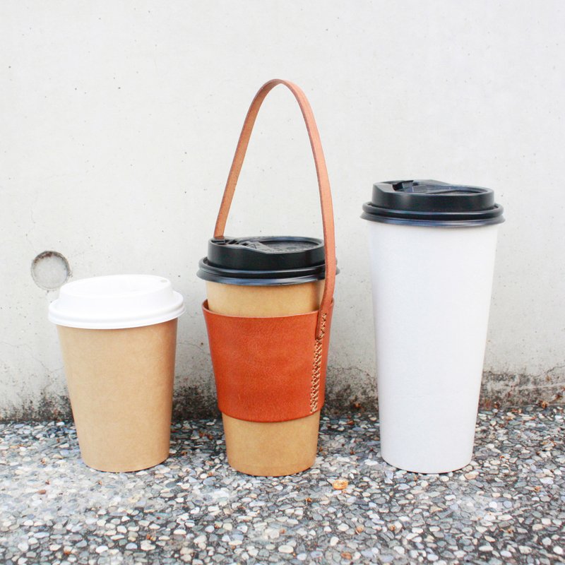 皮革环保杯提袋/植鞣杯套 /饮料/咖啡杯套 - 随行杯提袋/水壶袋 - 真皮 橘色