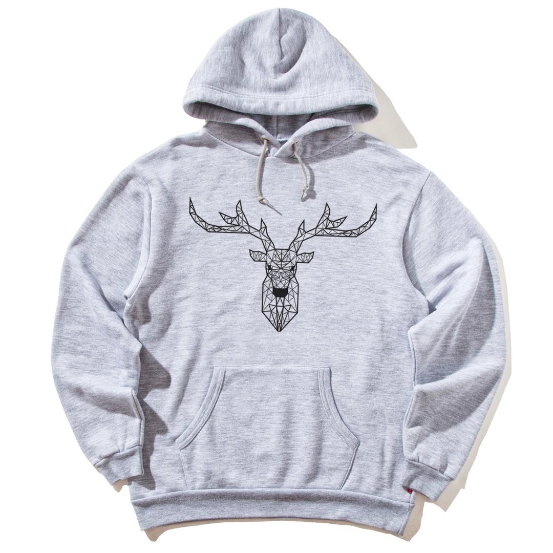Deer Geometric 前图款 长袖刷毛连帽T 中性版  灰色 几何 鹿 宇宙 设计 自创 品牌 银河系 时髦 圆 三角形 - 中性连帽卫衣/T 恤 - 棉 灰色