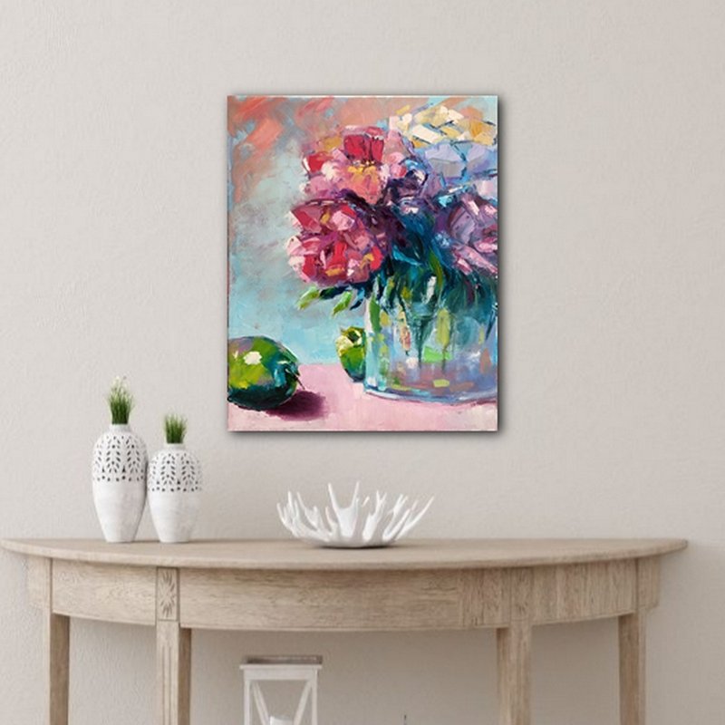 Pink Bouquet Painting Flowers Original Art 油畫原作 Floral Oil Wall Decor - 墙贴/壁贴 - 其他材质 粉红色