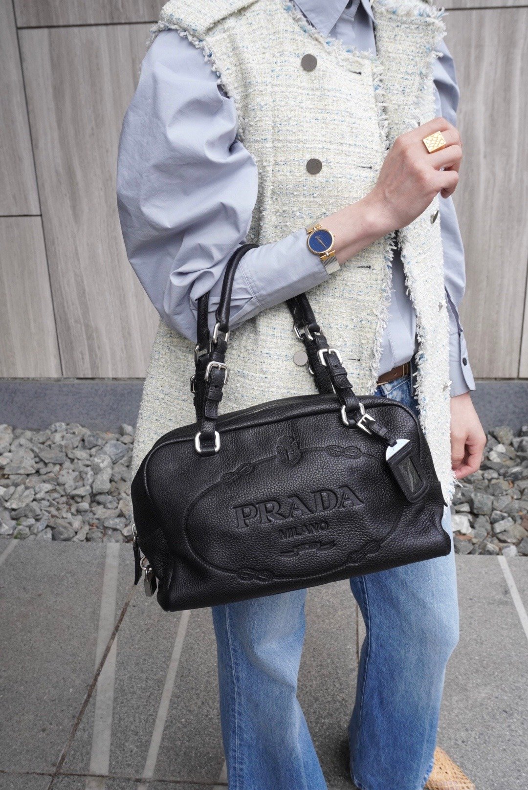 【日本直送 名牌中古包】PRADA 普拉达 手提包 黑色 压印 Logo 皮革 迷你波士顿包 vintage 古着 6kdc52 - 手提包/手提袋 - 真皮 黑色