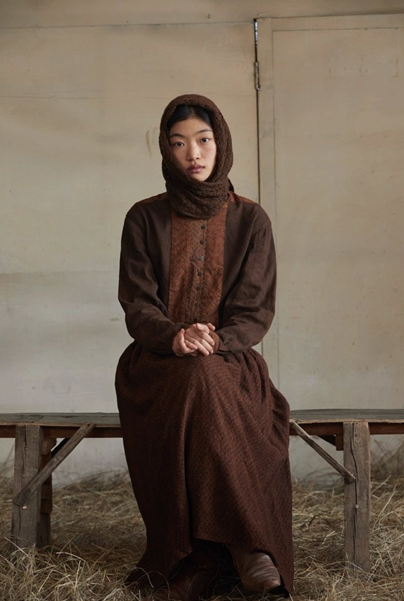 复古文青 丝棉拼接舒适衬衫 - 女装衬衫 - 其他材质 咖啡色