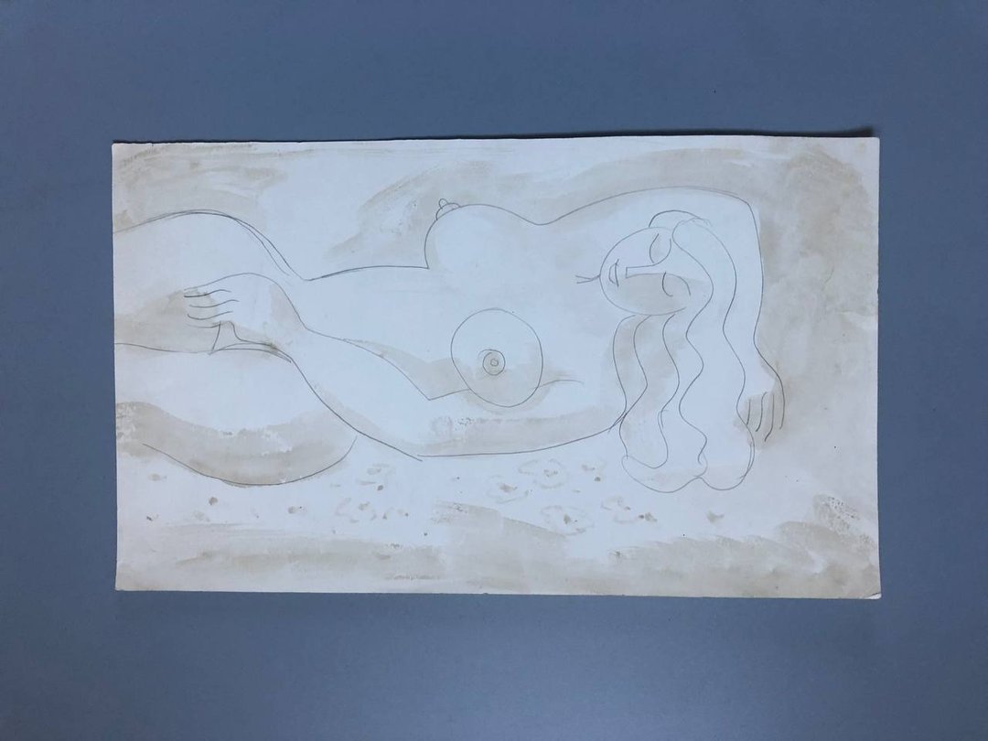 裸体女人睡觉美丽的女性身体原创绘画铅笔水彩 - 墙贴/壁贴 - 纸 银色