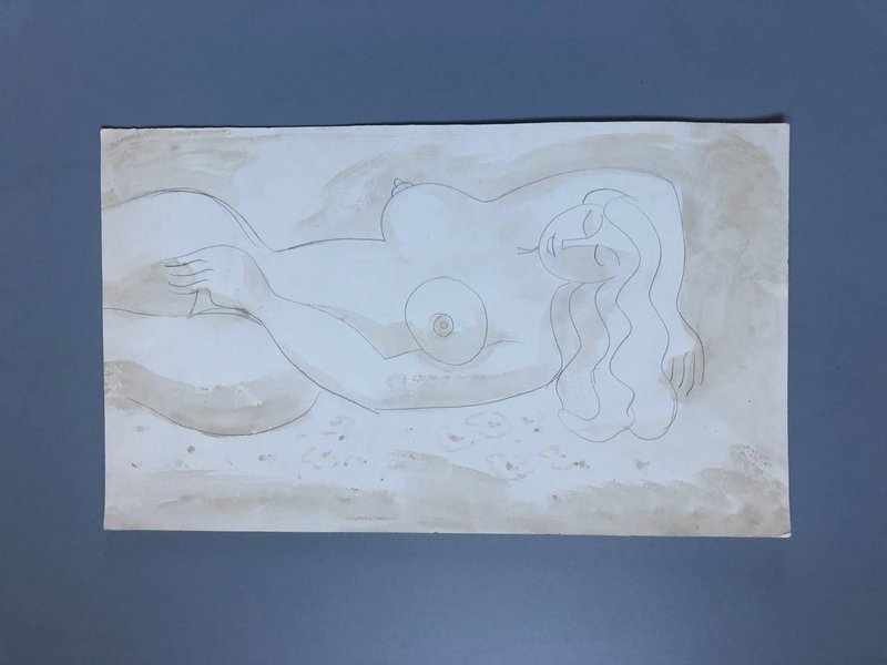 裸体女人睡觉美丽的女性身体原创绘画铅笔水彩 - 墙贴/壁贴 - 纸 银色