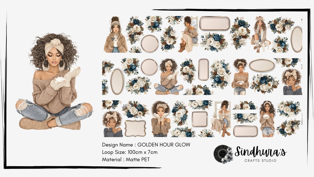 Golden Hour Glow 冬日人物 雾面 PET 胶带 手帐素材 - 贴纸 - 塑料 卡其色