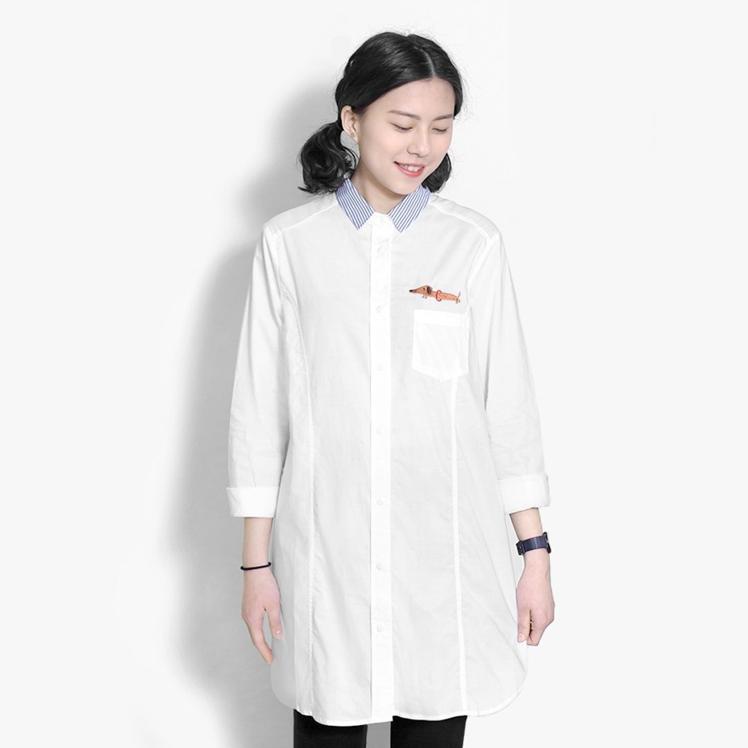 【墨儿推荐】在肚子原地打转的呼啦圈／肠肠帮你减肥刺绣衬衫 - 女装衬衫 - 棉 白色