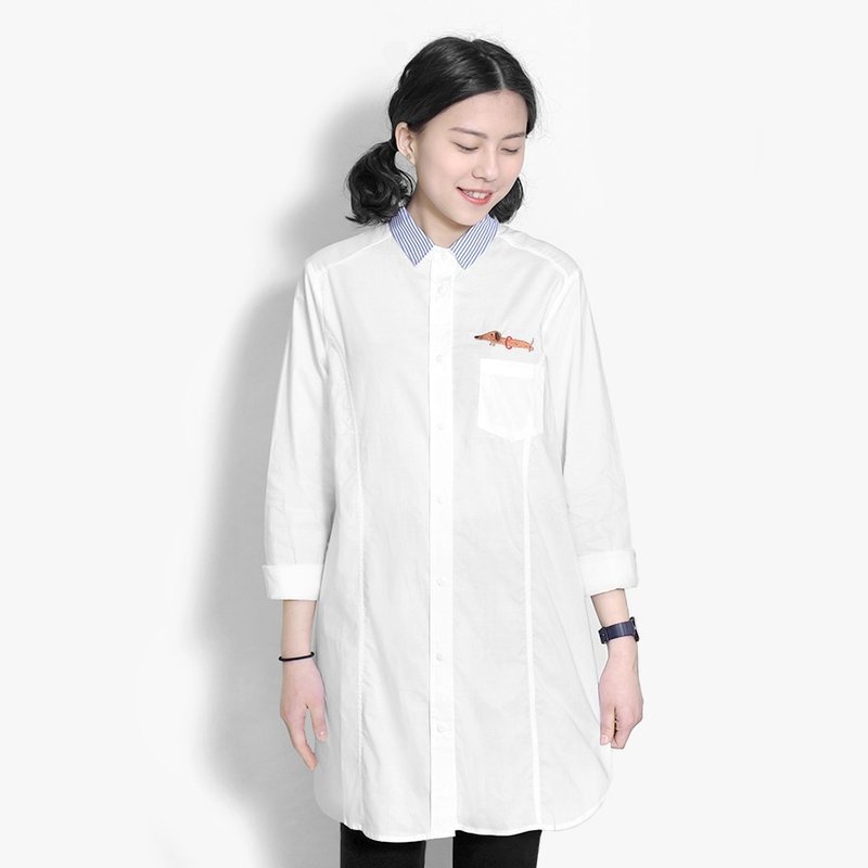 【墨儿推荐】在肚子原地打转的呼啦圈／肠肠帮你减肥刺绣衬衫 - 女装衬衫 - 棉．麻 白色