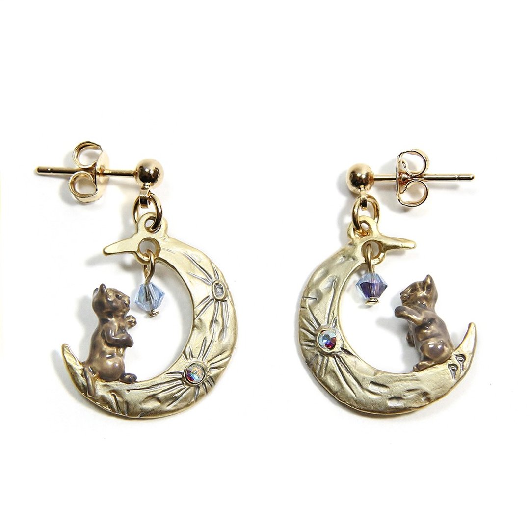 Cat Moon Earrings PA466 - 耳环/耳夹 - 其他金属 金色