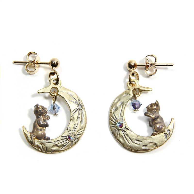 Cat Moon Earrings PA466 - 耳环/耳夹 - 其他金属 金色