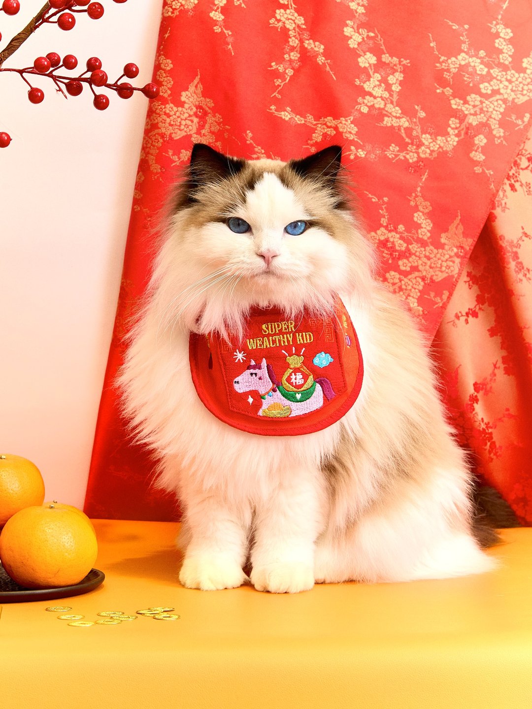 【马年好运】附有零钱袋的宠物领巾，农历新年适用，适合猫狗配戴。 - 项圈/牵绳 - 棉 红色