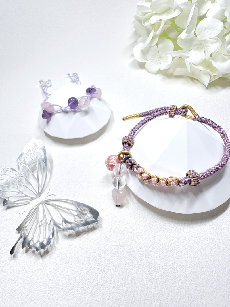 心形粉晶 Rose Quartz +圆珠白水晶 Clear Quartz 绳结手链 - 手链/手环 - 水晶 