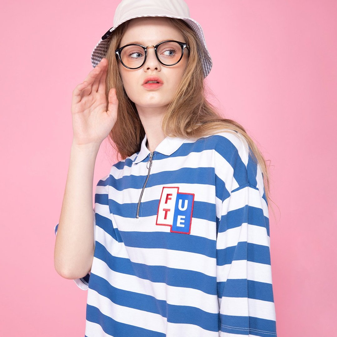 【中性款】 宽大条纹 Polo shirt / 蓝白条纹 - 中性连帽卫衣/T 恤 - 棉 蓝色