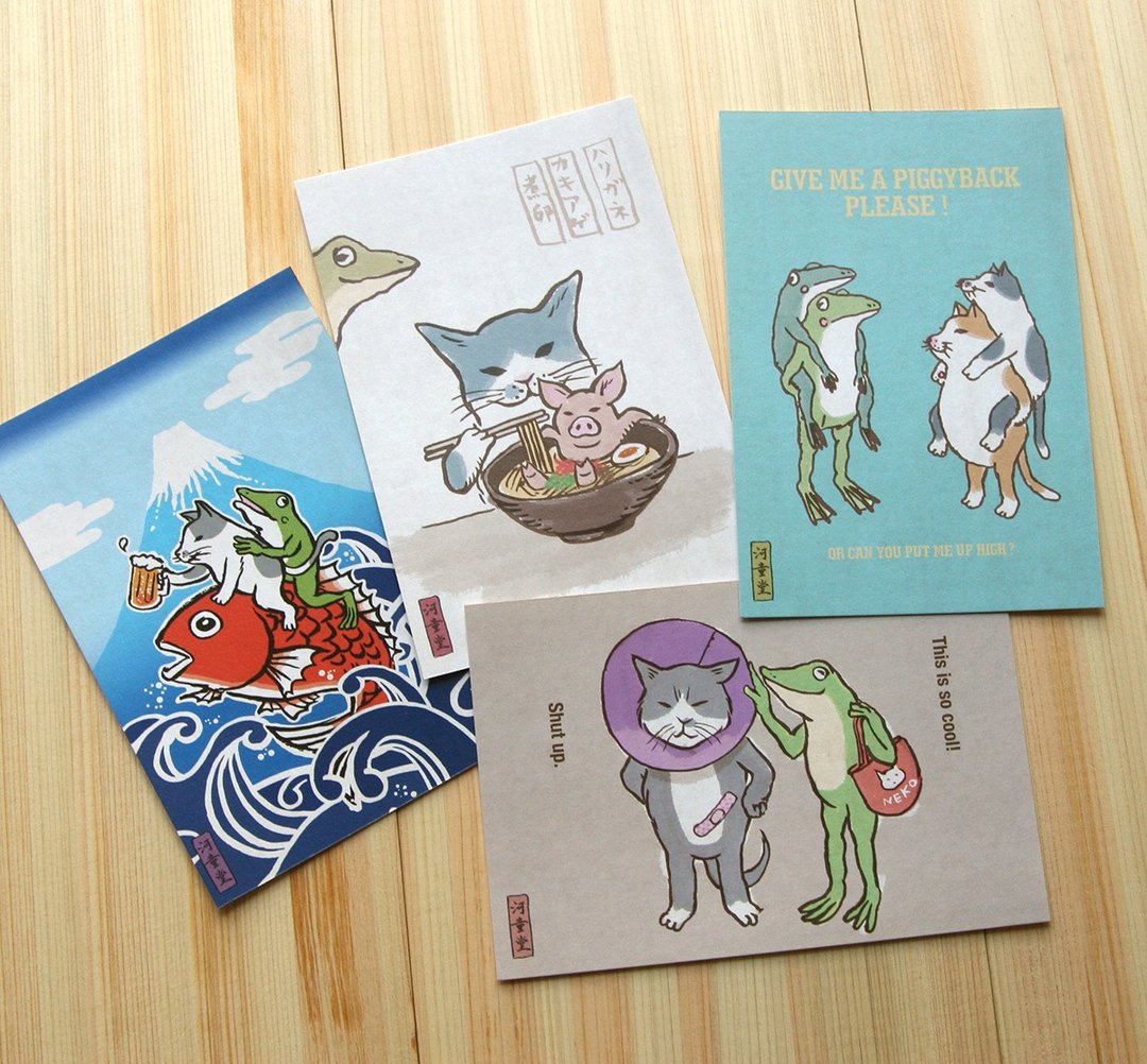 猫咪与青蛙插画明信片 4 张组 - 卡片/明信片 - 纸 橘色