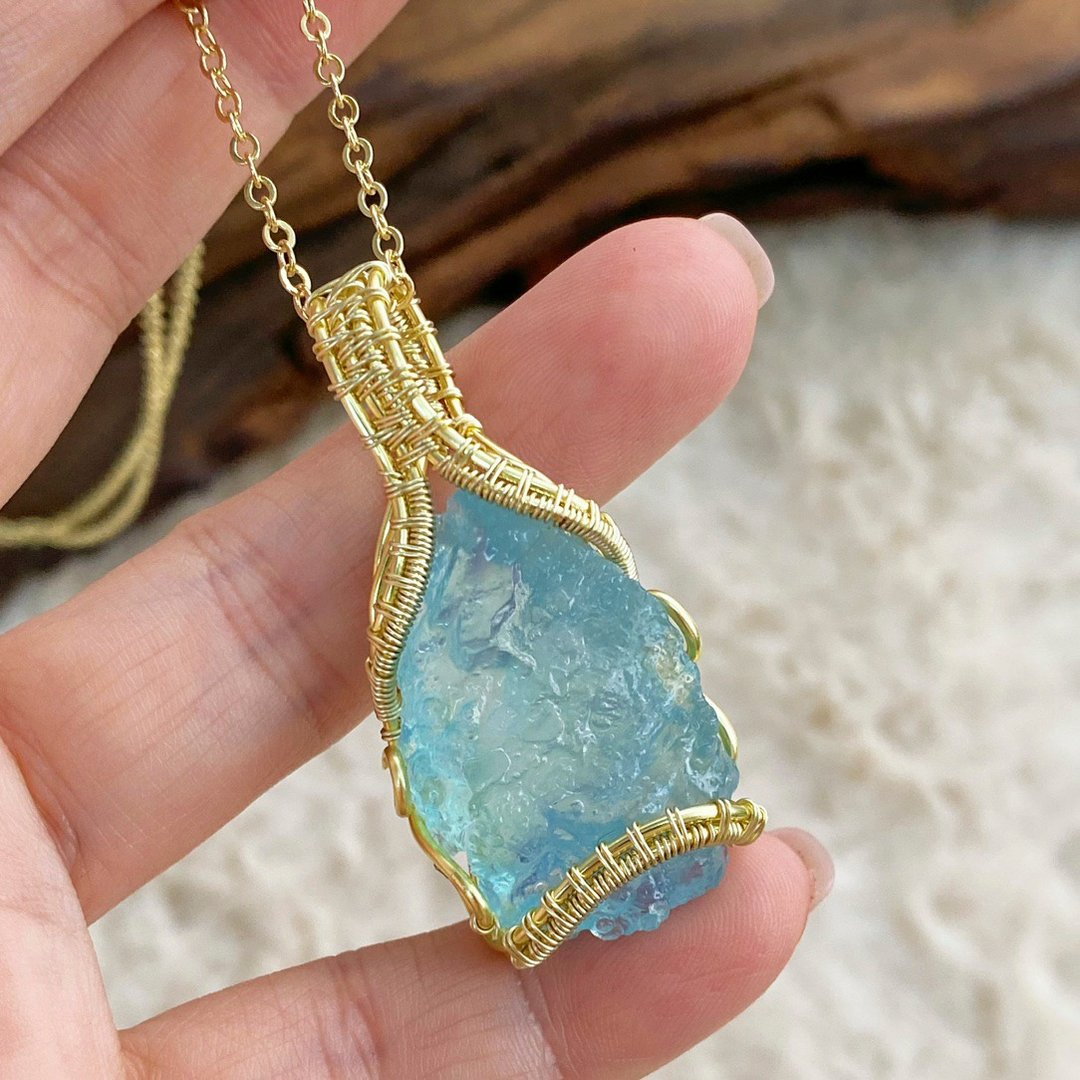 【海蓝宝原石】手作天然水晶项链 / 海水蓝宝 - 吊饰 - 水晶 蓝色