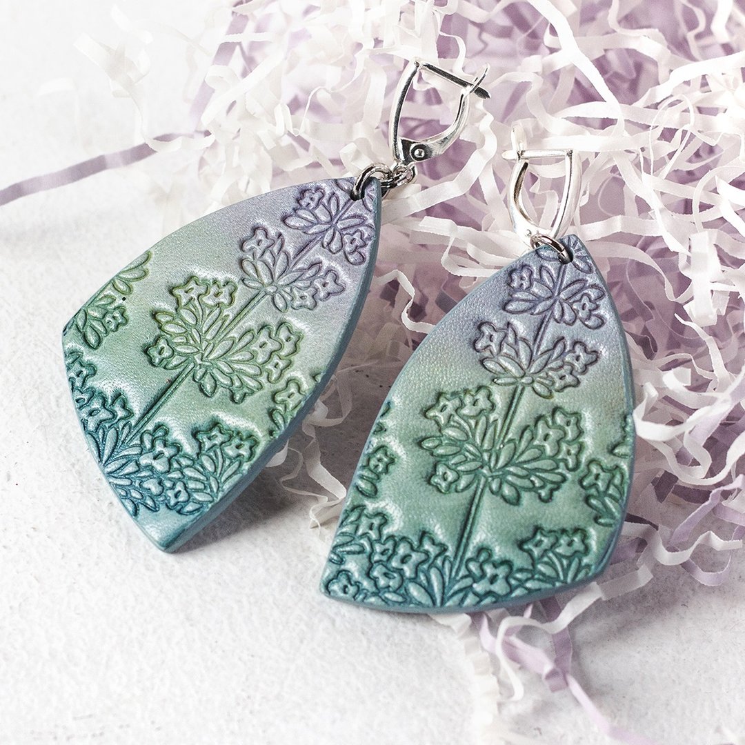 Lightweight Leather Earrings Floral Pattern, Light Blue Women's Earrings - 耳环/耳夹 - 真皮 多色