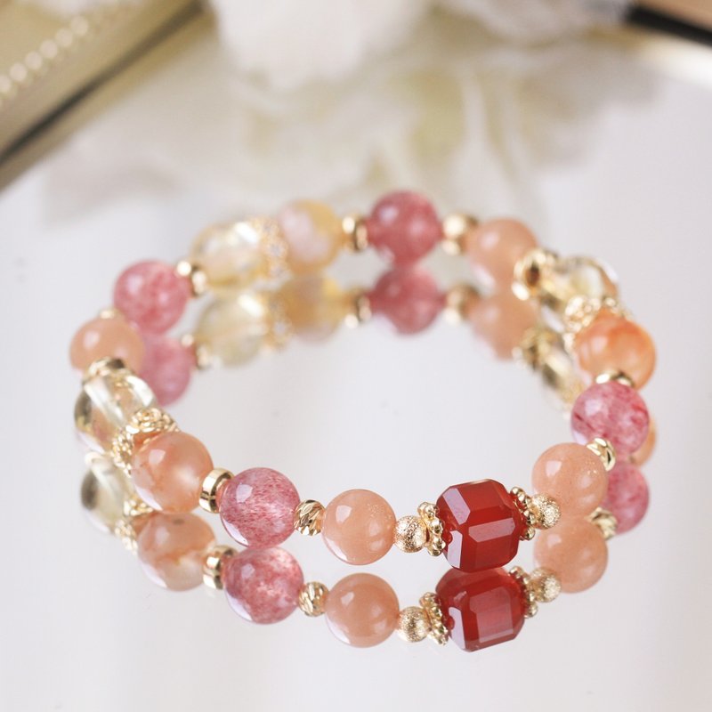黄水晶 樱花玛瑙 草莓晶 橙月光石 水晶手链 招财 健康 好人缘 - 手链/手环 - 水晶 红色