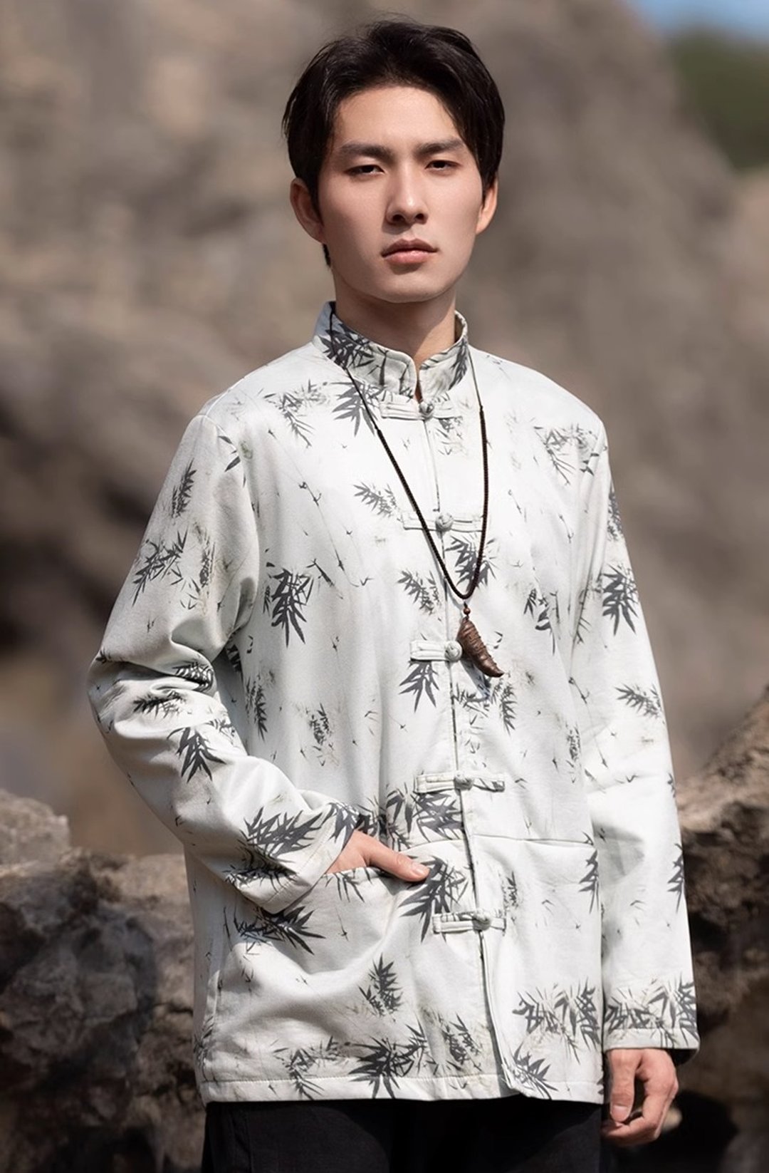 新中式复古 竹叶水墨印花夹克外套 - 男装外套 - 其他材质 白色