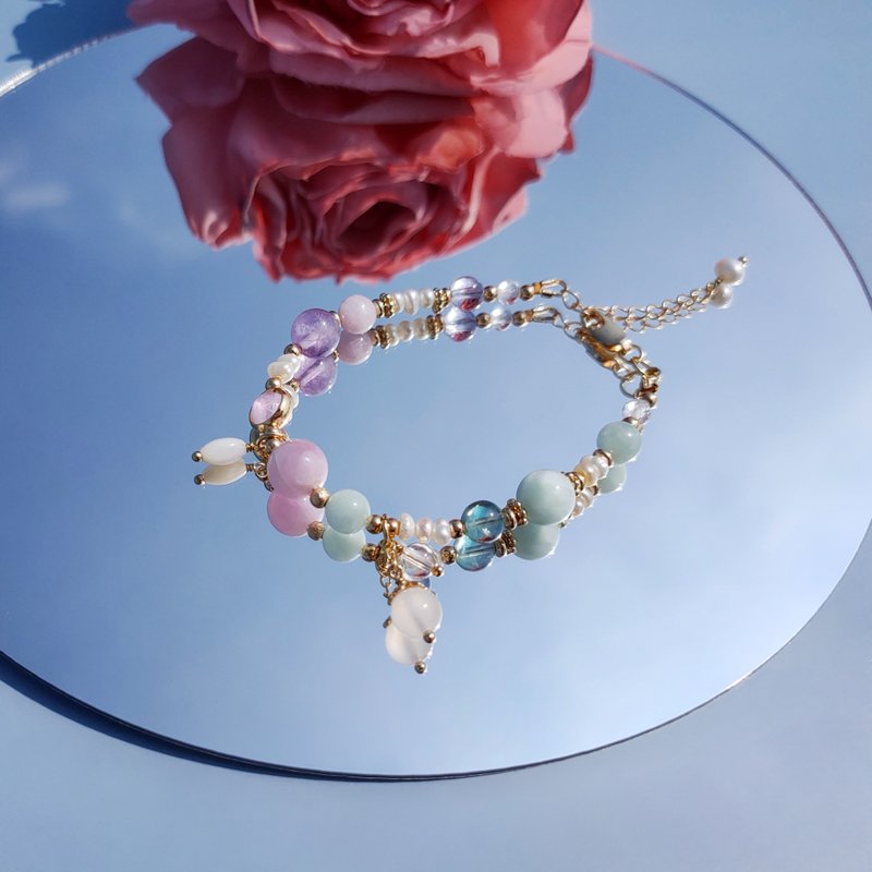 木兰余韵。紫锂辉石 淡水珍珠 绿天使石 14K包金 水晶设计手链 - 手链/手环 - 水晶 多色