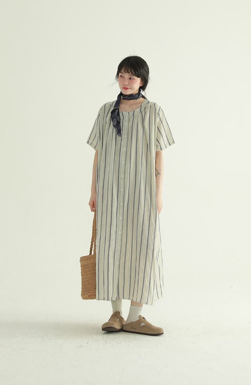 藍色條紋 韓版休閒簡約洋裝 清新感日系中長裙子 連身裙 - 洋装/连衣裙 - 棉．麻 蓝色