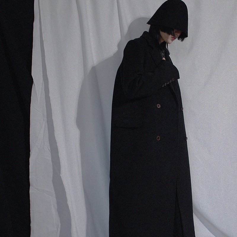 客製 羊毛呢 直筒双排扣长款大衣外套 黑色 - 女装西装外套/风衣 - 羊毛 黑色