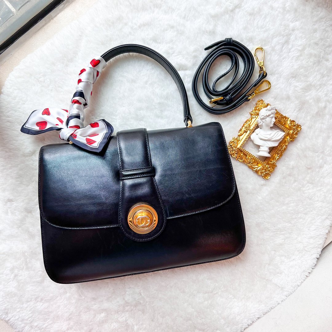 【日本中古】Vintage Gucci 1980's GG扣 Kelly 手提包 送皮肩带 - 手提包/手提袋 - 真皮 黑色