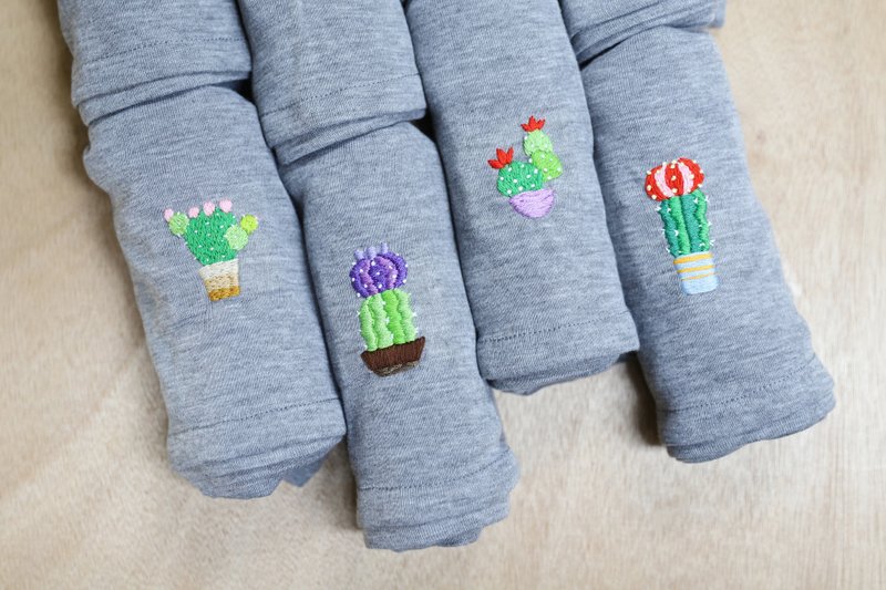 仙人掌刺绣灰色低圆领T恤 - 女装 T 恤 - 聚酯纤维 灰色