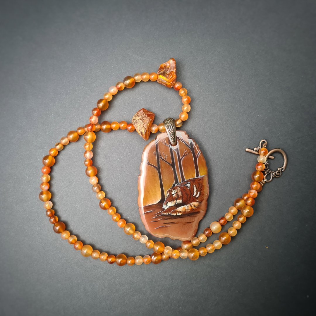 Tiger necklace Agate necklace Real oil painting of tiger Lacquer miniature - 项链 - 石头 橘色
