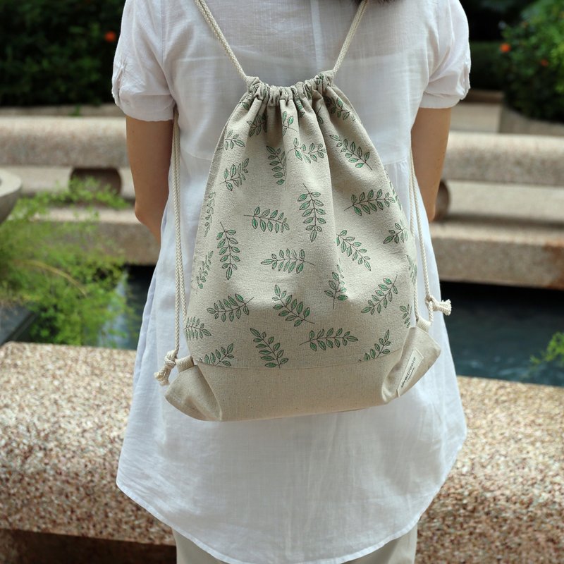 束口后背包/束绳包/束口袋 ~ 小叶子(B16) - 束口袋双肩包 - 棉．麻 绿色