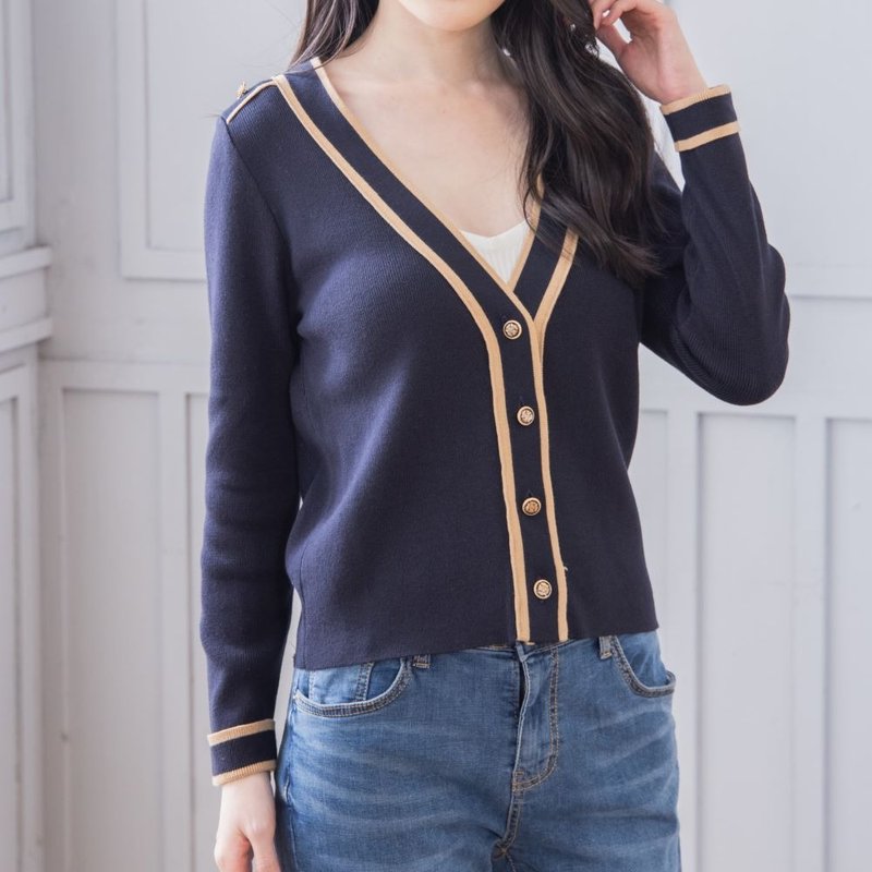 饰扣针织上衣外套  深蓝 - 女装针织衫/毛衣 - 棉．麻 