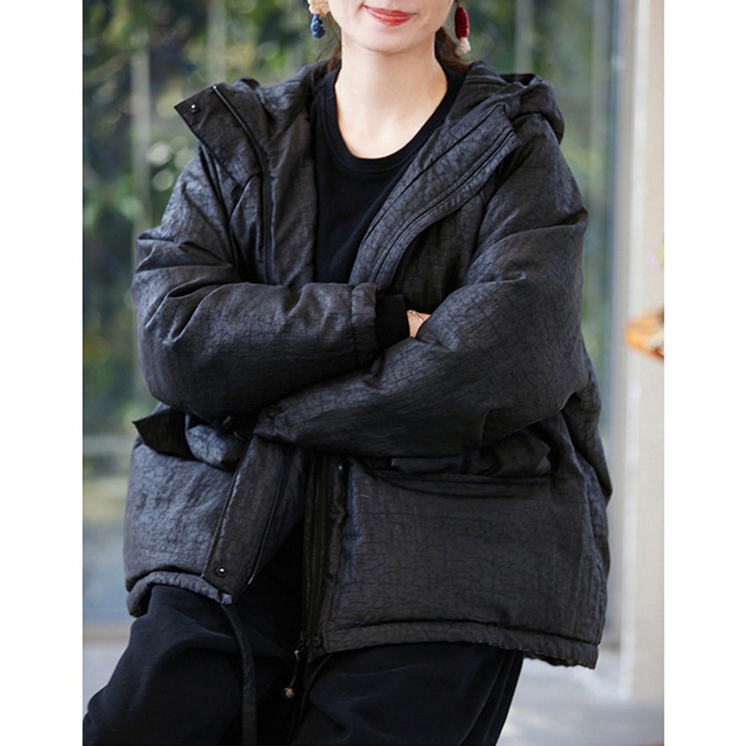 清幽黑宽松百搭连帽香云纱羽绒服 - 女装上衣 - 丝．绢 
