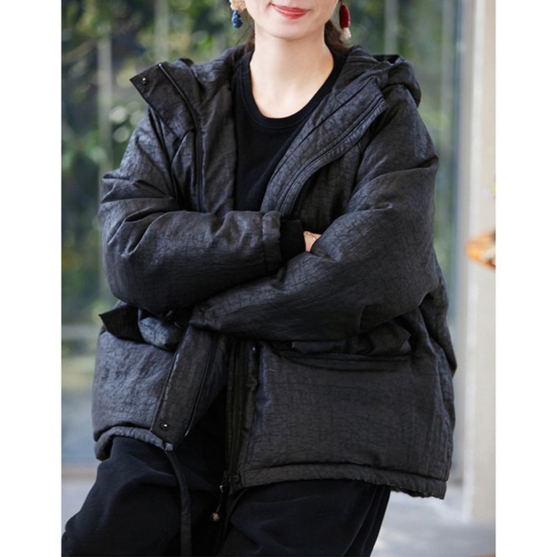 清幽黑宽松百搭连帽香云纱羽绒服 - 女装上衣 - 丝．绢 