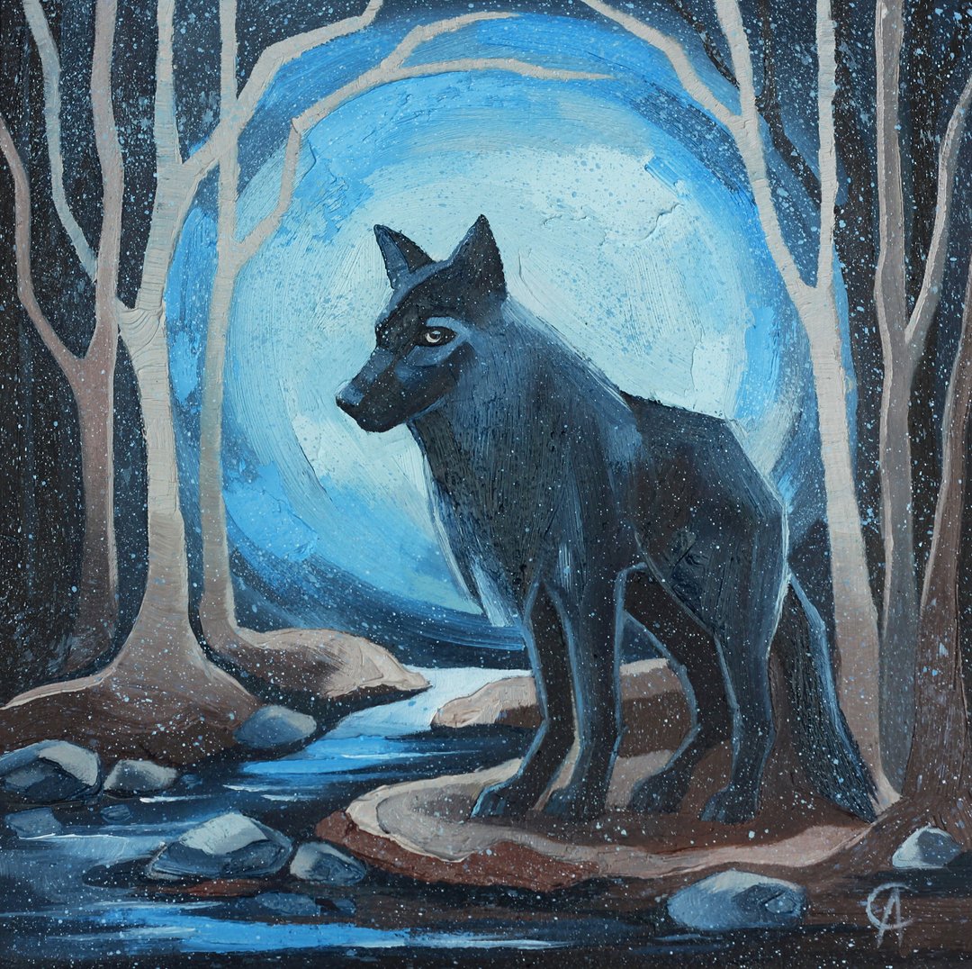 油画风景与动物。狼的壁饰 森林原创艺术 幻想艺术品 动物壁画。 - 海报/装饰画/版画 - 其他材质 蓝色