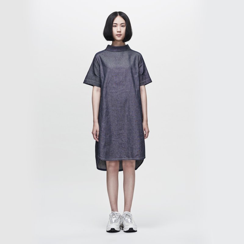 TRAN - 翻领口袋洋装 - 洋装/连衣裙 - 棉．麻 蓝色