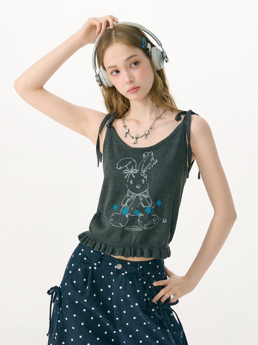 ziziFei''蓝星璀璨''夏季童趣兔子印花深灰色绑带修身背心吊带女 - 女装背心 - 其他材质 灰色