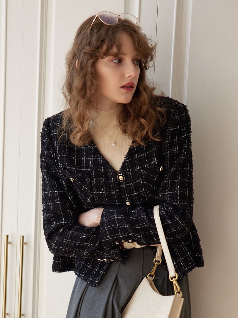 【SR全館一件包郵】Samantha 黑色V领小香风外套 - 女装西装外套/风衣 - 聚酯纤维 黑色