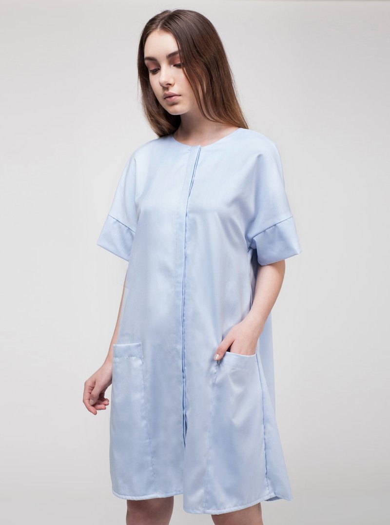Blue Back Pleated Dress - 洋装/连衣裙 - 棉 蓝色