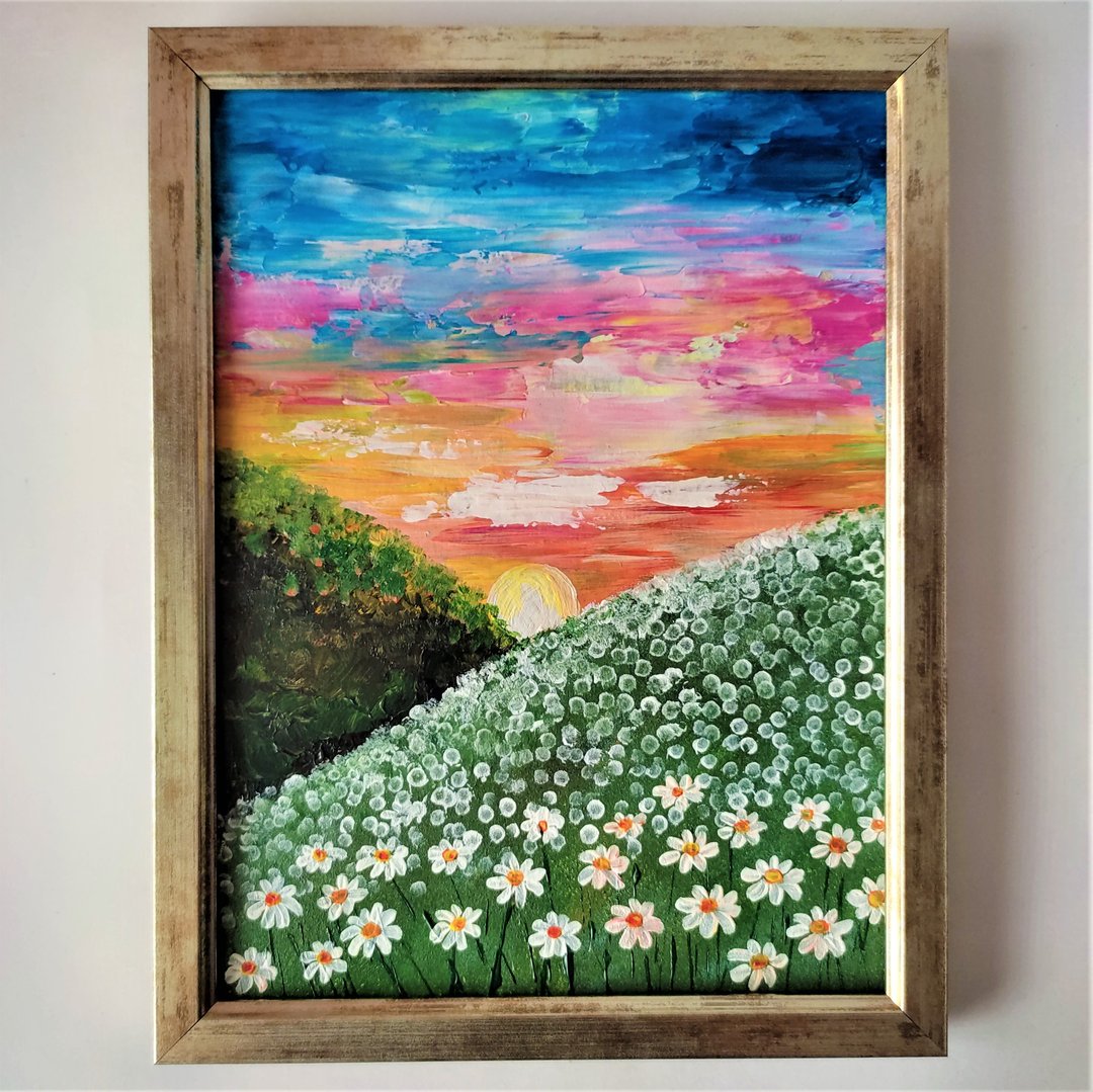 带有雏菊的风景丙烯挂画。装饰客厅的墙壁。用野花作画。夕阳画 - 墙贴/壁贴 - 压克力 多色