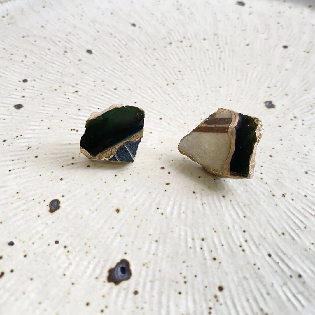 Oribe ware porcelain kintsugi pierced Clip-On picture Oribe green traditional crafts - 耳环/耳夹 - 瓷 