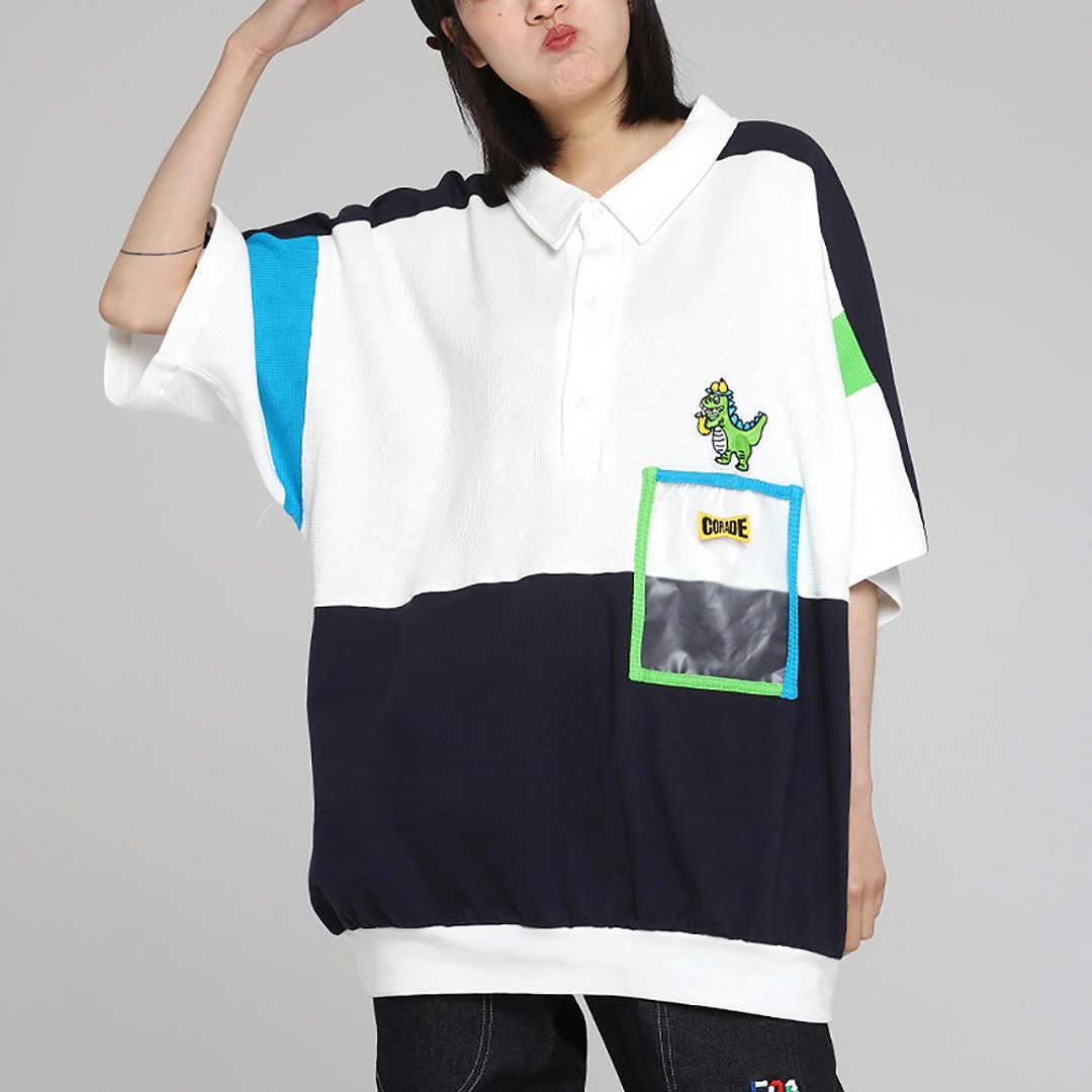 新款恐龍讓梨短袖Polo衫T恤 華夫格 拼色寬版 透明口袋 男女中性 - 女装 T 恤 - 棉．麻 白色